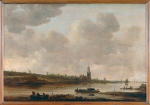 Gezicht op Rhenen aan de Rijn met de kerk Sainte-Cunera ... door Jan Josephsz van Goyen