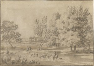 Landschap met bomen, ruiters en enkele koeien in een drenkplaats door Jan Laurensz. van der Vinne