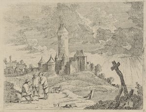 Landschap met kasteel en drie mannen door Jan Lauwryn Krafft (I) (possibly)