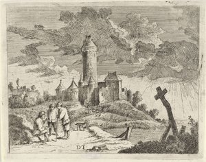 Landschap met kasteel en drie mannen door Jan Lauwryn Krafft (I) (possibly)