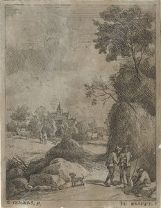 Landschap met reizigers en twee herders door Jan Lauwryn Krafft (I)