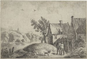Twee mannen met een hond in een landschap