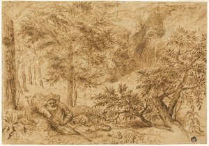 Landschap met herder slapend onder boom