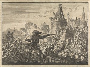 Afgeslagen bestorming van de muren van Livron, door de Hugenoten verdedigd, 1574 door Jan Luyken