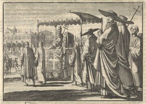 Christiaan IV, koning van Denemarken, als paus verkleed, bootst met zijn hovelingen een processie na, 1596 door Jan Luyken
