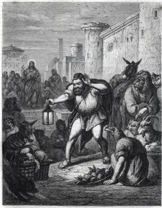 Esop en Christus: de Griekse schrijver Esop (Esop of Esopus, 6e eeuw v.Chr.), met een lantaarn in zijn hand, loopt tussen personages met dierenhoofden op zoek naar "een man". Achter hem zien we Jezus Christus. Illustratie geïnspireerd door de fabel "Esope  door Jan Luyken