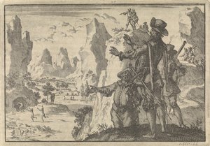 Gewapende Spanjaarden kijken vanaf rotsen neer op geheel wild levende mensen, ca. 1600 door Jan Luyken