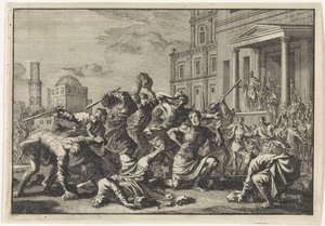 Herodes laat zijn barbier Tryfon, Tyro en diens zoon op verdenking van verraad stenigen door Jan Luyken