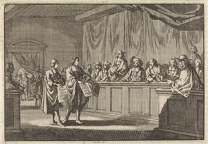 Hervormde predikanten Gilly en Courdil lezen op de synode te Sorges een verklaring voor dat zij overgaan tot de katholieke kerk, 3 juni 1683 door Jan Luyken