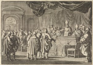 Hervormden in Hongarije voor een rechtbank van bisschoppen en andere Roomsgezinden, 1670 door Jan Luyken