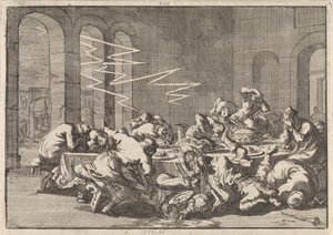 In het Poolse dorp Perzyn vinden 23 mensen de dood door een blikseminslag tijdens een doopmaal, 1676 door Jan Luyken
