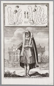 Joodse man, gekleed voor gebed. Op de achtergrond de Portugese Synagoge van Amsterdam door Jan Luyken
