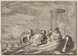 Koning Jacobus II ontvlucht bij nacht in een roeiboot, 1688 door Jan Luyken