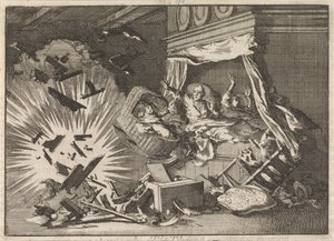 Ontploffing van een bom in een huis aan de Ebbingestraat te Groningen, 1672 door Jan Luyken