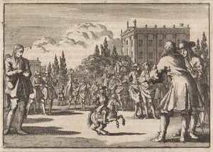 Op een plein te Madrid heeft zich een menigte verzameld rondom Louisillo, de dwerg van de koning van Spanje, 1675