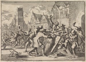 Oproer te Dordrecht waarbij een afbeelding van Cornelis de Witt door het volk wordt vernield, 1672 door Jan Luyken