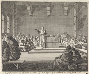Preek door een priester bij een altaar door Jan Luyken