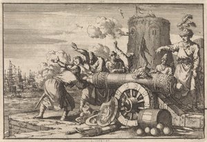 Tijdens het Franse bombardement op Algiers wordt de Franse consul door de Algerijnen in een kanon geladen en gedood, 1683 door Jan Luyken