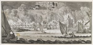 Uitzicht op het dorp Durgerdam, nabij Amsterdam, tijdens de brand van 1687 (gravure) door Jan Luyken