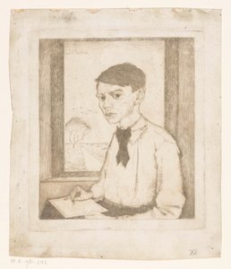 Zelfportret tekenend bij een raam door Jan Mankes