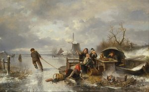 Kinderen spelen op een bevroren meer in een winterlandschap door Jan Mari Henri Ten Kate