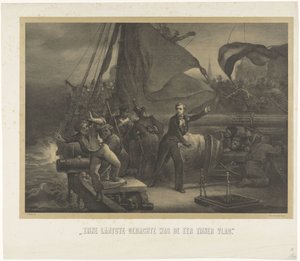 Jan van Speijk op het punt de lont in het ruim te gooien, 1831 door Jan Mesker