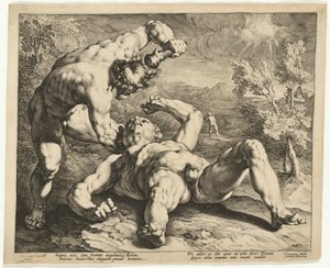 Kaïn doodt Abel door Jan Muller, after Cornelis Cornelisz van Haarlem
