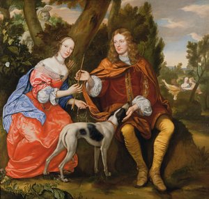 Portret van een heer en zijn vrouw met een pijl, zittend met hun hond