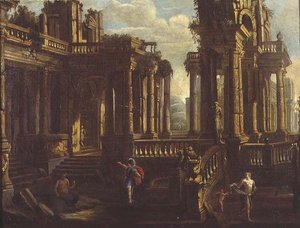 Een capriccio van klassieke ruïnes met een krijger, een sater en Cupido die een nimf achtervolgt