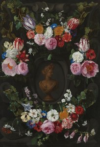 Cartouche versierd met guirlandes en bloemen