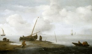 Mosselvisserij, een vissersboot aan de kust, en drie mannen bezig met het verzamelen van mosselen in hun manden. 1622, door Jan Porcellis door Jan Porcellis