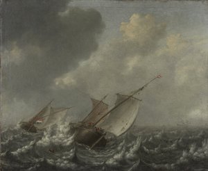 Schepen op een woelige zee door Jan Porcellis