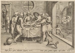 Voorbereiding voor het Pascha door Jan Sadeler I, after Maarten van Cleef