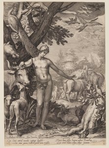 Adam noemt de dieren, uit Geschiedenis van de eerste ouders van de mens door Jan Saenredam