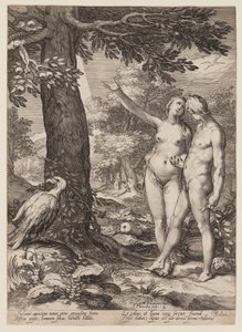 Adam en Eva voor de Boom der Kennis, uit Geschiedenis van de Eerste Ouders van de Mens door Jan Saenredam