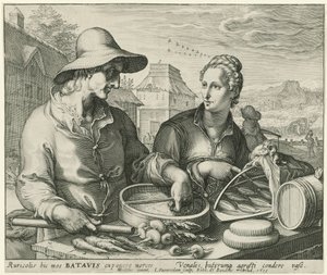 Boer en een boerin bij een marktkraam door Jan Saenredam