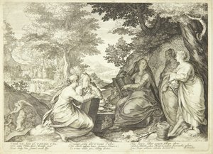 De verstandige maagden verzameld in een landschap, op de achtergrond Johannes de Doper die predikt door Jan Saenredam