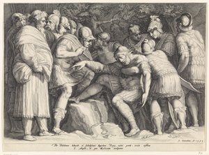 Scipio wordt door zijn zoons van het slagveld gedragen door Jan Saenredam
