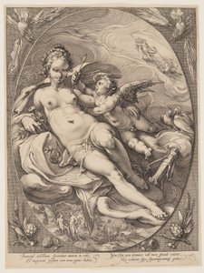 Venus en Cupido, uit Drie Godinnen Gezeten in de Wolken door Jan Saenredam