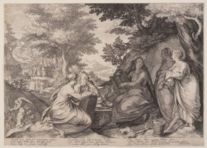 Wijze maagden verzameld in een landschap voor de prediking van de Doper, uit de parabel van de wijze en dwaze maagden