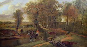 Een Bebost Rivierlandschap met Figuren, Paard en Kar, 1692