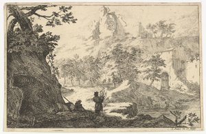 Landschap met ruïnes van een kasteel op een heuvel, begin 18e eeuw door Jan Smees