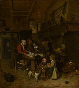 Een scène in een boerenkeuken met een bediende die het laken legt door Jan Steen