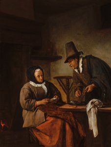 Een oud echtpaar dat een warme drank bereidt door Jan Steen