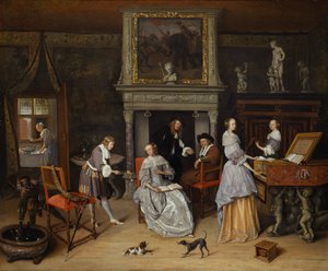 Fantasie Interieur met Jan Steen en de Familie van Gerrit Schouten door Jan Steen