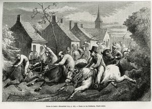 Rennen van ossen in Braesschaet, polderdorp, om het dier te vieren dat in alle zware taken wordt ingezet, hij wordt dan versierd met bloemenkransen, bereden door zijn vee voor een race door het dorp en onder aanmoediging van de menigte. Gravure door Jan S. door Jan Stobbaerts
