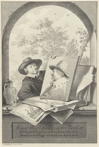 Man met een map met tekeningen en een portret van Jan van Goyen