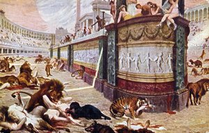Prentkaart die de bloedige spelen in de arena in Rome toont, illustratie uit 