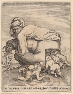 De Man met de Geldbuidel en Zijn Vleiers door Jan Theodor de Bry after Pieter Bruegel the Elder