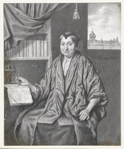 Portret van een oudere vrouw, zittend met astronomische instrumenten